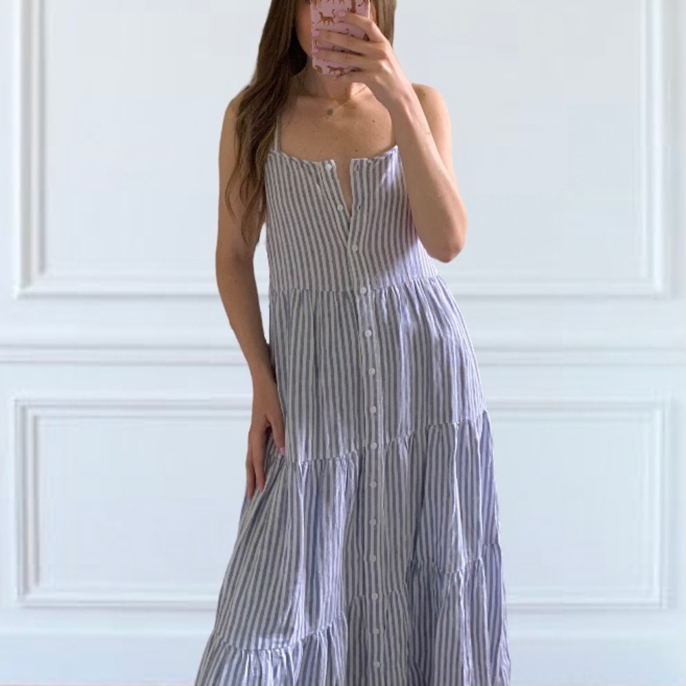 Madewell Linen Blend Button Front Tiered Midi Maxi Dress Blue White Stripe - XXS